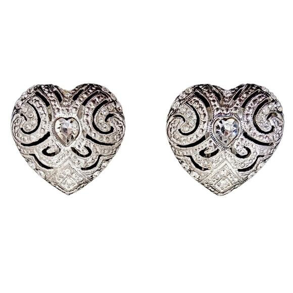Vintage Carolee Earrings 1" Heart Simulated Diamonds Clip On Silver Filigree EUC - Picture 1 of 15
